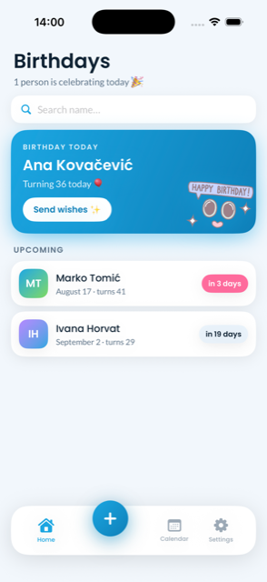 Birthy home screen — today's birthday with confetti